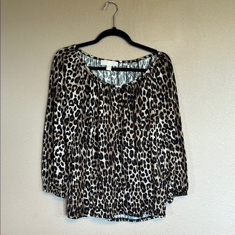 Michael Kors Black and White Ruched 3/4 Sleeve Blouse